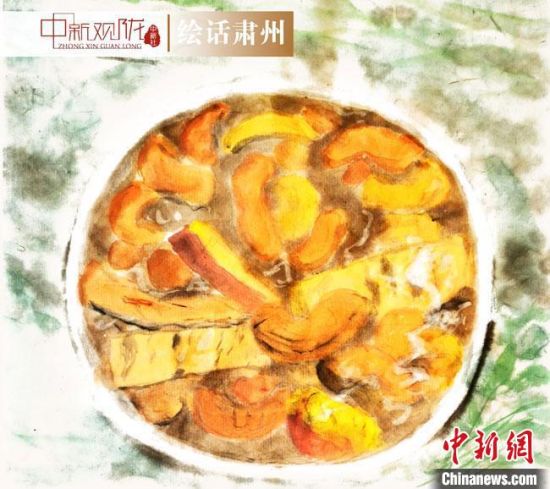 圖為酒泉美食“糊鍋”繪畫(huà)作品。　杜興彥 攝